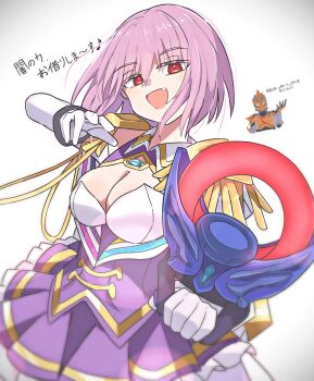 1boy 1girl absurdres alien arm_blade armor blue_eyes breasts claws cleavage commentary_request company_connection crossover dark_ring epaulettes frilled_skirt frills gloves gridman_universe gridman_universe_(movie) highres horns jugglus_juggler large_breasts looking_at_viewer nuuji_nuge purple_hair purple_skirt red_eyes scar shinjou_akane shinjou_akane_(new_order) shirt short_hair shoulder_blades simple_background single_horn skirt smile tokusatsu tsuburaya_productions ultra_series ultraman_orb_(series) upper_body weapon white_gloves