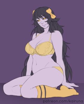 1girl black_hair black_sclera bra breasts colored_sclera colored_skin curvy grey_skin kalruna large_breasts original panties socks solo underwear yellow_bra yellow_panties yellow_socks