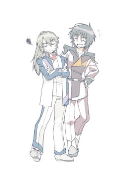 2boys alvis_uniform black_hair brown_hair closed_eyes commentary_request crossed_arms crossover full_body gundam gundam_seed gundam_seed_destiny hand_on_another's_shoulder jacket long_hair male_focus minashiro_soushi_(2) multiple_boys nagi_(exsit00) pants ponytail shinn_asuka simple_background smile soukyuu_no_fafner squiggle white_background white_jacket white_pants
