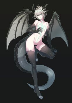 1boy ahoge alternate_costume alternate_eye_color androgynous aqua_eyes black_background black_gloves black_horns black_thighhighs clawed_gloves claws commentary_request dragon_boy dragon_horns dragon_tail dragon_wings elbow_gloves fate/apocrypha fate_(series) full_body gloves grey_hair hair_intakes haoro highres horns large_tail leg_up male_focus short_hair sieg_(fate) simple_background solo standing standing_on_one_leg tail thick_tail thighhighs wings