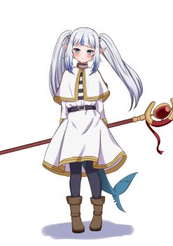 Rule 34 | 1girl, blue eyes, blue hair, blunt bangs, boots, capelet, closed mouth, commentary, cosplay, elf, english commentary, fins, fish tail, frieren, frieren (cosplay), gawr gura, gold trim, grey hair, high collar, highres, hololive, hololive english, jacket, long hair, looking at viewer, multicolored hair, pointy ears, shark tail, sharkudon, shirt, solo, sousou no frieren, staff, streaked hair, striped clothes, striped shirt, tail, twintails, virtual youtuber, white background, white capelet, white jacket, white shirt