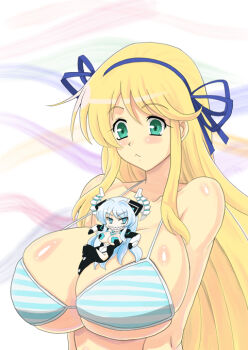 10s 2girls :< alternate_form bikini blonde_hair blue_eyes blue_hair blush bra breasts chibi compile_heart green_eyes grin hair_ribbon hairband huge_breasts idea_factory katsuragi_(senran_kagura) kiseijou_rei kobayashi_yuu long_hair marvelous mini_person minigirl multiple_girls mutsuya neptune_(series) ribbon senran_kagura sharp_teeth shiny_skin smile striped_bra striped_clothes swimsuit teeth triangle_mouth underwear voice_actor_connection