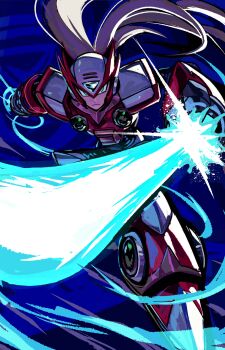 1boy absurdres arm_cannon armor blonde_hair blue_background chest_jewel energy_sword forehead_jewel full_body helmet highres holding holding_sword holding_weapon long_hair male_focus mega_man_(series) mega_man_x_(series) red_armor red_helmet solo spacedawgspace sword weapon z_saber zero_(mega_man)