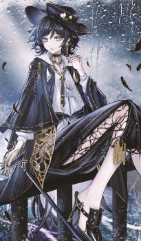 1girl absurdres amaia_(arknights) arknights black_dress black_hair black_hat blue_eyes cane commentary_request dress earrings feathers gloves hat high_heels highres holding holding_cane jewelry long_sleeves looking_at_viewer minuolin mole mole_under_eye mole_under_mouth parted_lips rain short_hair sitting solo