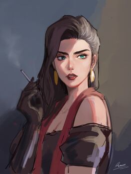 1girl battle_tendency black_shirt cigarette commentary earrings english_commentary eyelashes green_eyes highres jewelry jojo_no_kimyou_na_bouken kookirani lipstick lisa_lisa makeup parted_lips portrait shirt signature smoking solo