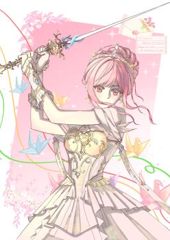 Rule 34 | 1girl, absurdres, armor, bare shoulders, border, breastplate, character name, chenlanbulan slan, chinese commentary, commentary request, covered mouth, cowboy shot, dress, earrings, english text, envelope, expressionless, feather-trimmed dress, feather earrings, feathers, flower, frilled arm warmers, hair bun, highres, holding, holding sword, holding weapon, infinity nikki, jewelry, letter, light particles, melody bloom (infinity nikki), nikki (nikki), nikki (series), off-shoulder dress, off shoulder, origami, outside border, paper crane, pink background, pink flower, pink hair, pink rose, pleated dress, rapier, rose, short hair with long locks, short sleeves, sidelocks, single hair bun, solo, sparkle, sword, tiara, updo, wavy hair, wax seal, weapon, white arm warmers, white border, white dress