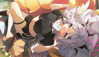 1girl absurdres ahoge ayu_(user_xkhp7843) black_halo blue_archive blush breasts demon_girl demon_horns demon_wings halo highres hina_(blue_archive) horns long_hair looking_at_viewer low_wings lying mouth_hold navel peroro_(blue_archive) purple_eyes small_breasts solo very_long_hair white_hair wings