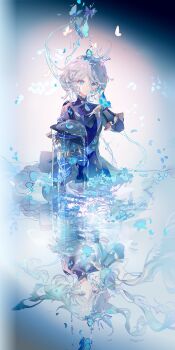 2girls absurdres ascot blue_ascot blue_eyes blue_gem blue_hair blue_jacket bug butterfly crown flower focalors_(genshin_impact) fre_(haochilanzuo) furina_(genshin_impact) gem genshin_impact hair_between_eyes hand_on_own_chest hat heterochromia highres holding holding_unworn_clothes holding_unworn_hat insect jacket leaf long_hair long_sleeves multiple_girls reflection ripples short_hair teardrop-shaped_gem unworn_hat unworn_headwear upper_body upside-down vision_(genshin_impact) water water_stream white_hair