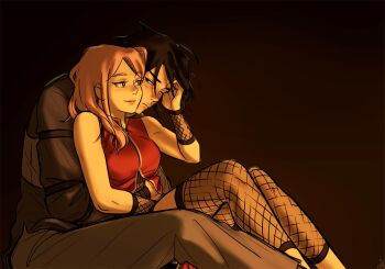 1boy 1girl bare_shoulders black_background black_hair breasts ceejles couple fishnets grey_pants hand_in_own_hair haruno_sakura hetero hug hug_from_behind looking_at_another medium_breasts naruto_(series) one_eye_closed pants pink_hair red_shirt shirt smile uchiha_sasuke