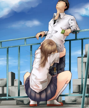 1boy 1girl belt brown_hair drink_carton fellatio hetero hug hug_and_suck implied_fellatio juice_box long_hair oral outdoors rokujyou school_uniform skirt squatting waist_hug