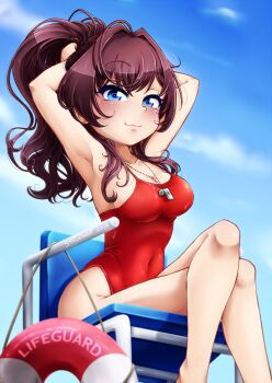 Rule 34 | 1girl, :3, ahoge, armpits, arms behind head, arms up, blue eyes, breasts, brown hair, casual one-piece swimsuit, chair, commentary request, covered navel, feet out of frame, female focus, ichinose shiki, idolmaster, idolmaster cinderella girls, lifeguard, long hair, looking at viewer, medium breasts, one-piece swimsuit, ponytail, red one-piece swimsuit, sitting, smile, solo, stalkingp, swimsuit, wavy hair, whistle, whistle around neck