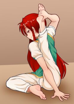 1girl barefoot braid feet female_focus flexible full_body hands_on_feet hong_meiling iromeki_overdrive long_hair looking_at_viewer naughty_face no_headwear pants plantar_flexion red_eyes red_hair sitting smile soles solo stretching toes touhou twin_braids yoga