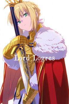 1girl ahoge armor artoria_pendragon_(fate) blonde_hair breastplate breasts caliburn_(fate) character_name cloak commentary_request crown echo_(circa) fate/grand_order fate_(series) fur-trimmed_cloak fur_trim gold_armor green_eyes looking_at_viewer lord_logres_(fate) medium_hair red_cloak small_breasts solo sword weapon