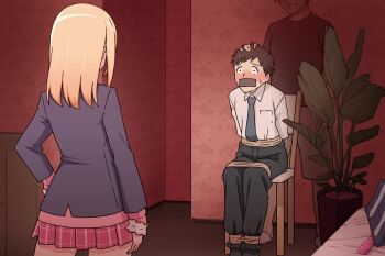 1girl 2boys animated asphyxiation bdsm blonde_hair bondage bound chair femdom formal_clothes gag gagged grabbing_another&#039;s_hair green_eyes hetero highres holding_another&#039;s_hair humiliation improvised_gag indoors kagamine_594 laughing licking licking_another&#039;s_face multiple_boys necktie on_chair rope saliva scared school_uniform spitting tape tape_gag tied_to_chair tongue tongue_out video