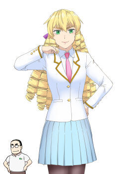 Rule 34 | 1boy, 1girl, akuyaku reijou tensei ojisan, black pantyhose, blonde hair, closed mouth, drill hair, glasses, grace auvergne, green eyes, highres, long hair, long sleeves, looking at viewer, necktie, pantyhose, ribbon, ringlets, school uniform, simple background, skirt, smile, thick eyebrows, tondabayashi kenzaburou, ueyama michirou