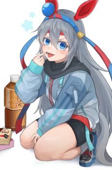 Rule 34 | 0013kell, 1girl, animal ears, black scarf, black shorts, blue eyes, blue hairband, blue jacket, blush, box, drink, ear covers, food, grey hair, grey tail, hair between eyes, hairband, headband, highres, horse ears, horse girl, horse tail, jacket, long hair, long sleeves, open mouth, red headband, scarf, shoes, shorts, smile, socks, solo, squatting, star (symbol), striped clothes, striped hairband, tail, tamamo cross (umamusume), teeth, tongue, tongue out, umamusume