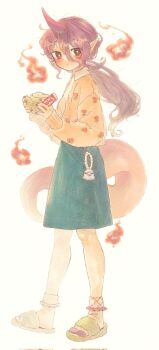 1girl alternate_costume animal_charm blue_skirt blush bright_pupils candy cardigan charm_(object) collared_shirt commentary_request fire floral_print food frilled_socks frills full_body green_shoes hair_between_eyes highres holding holding_food horns long_hair looking_at_viewer low_ponytail medium_skirt open_cardigan open_clothes pointy_ears ponytail purple_hair purple_horns purple_nails red_eyes sandals sasa6666s shirt shoes simple_background single_horn skirt slides socks solo tail tenkajin_chiyari touhou wavy_hair white_background white_pupils white_shirt white_socks