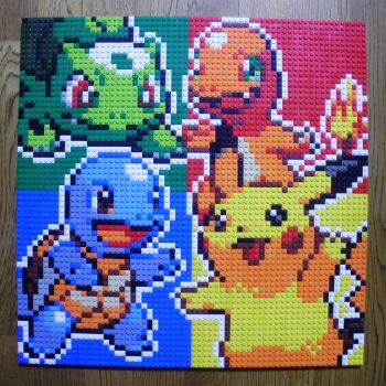 Rule 34 | :d, black eyes, blue background, brown eyes, bulbasaur, charmander, closed mouth, fang, fiery tail, fire, flame-tipped tail, gen 1 pokemon, green background, green eyes, highres, lego, lego (medium), multicolored background, nintendo, no humans, open mouth, outline, photo (medium), pikachu, pixel art, pokemon, pokemon (creature), red background, red eyes, smile, squirtle, tail, unconventional media, white outline, yellow background, you rei (blowback)