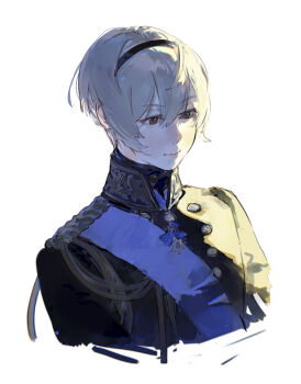 1boy absurdres ai-wa alternate_costume black_hairband blonde_hair commentary english_commentary fire_emblem fire_emblem_fates hairband highres leo_(fire_emblem_fates) male_focus nintendo red_eyes short_hair solo upper_body