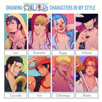 6+boys beard black_hair black_nails blonde_hair blue_hair buggy_the_clown character_name cigarette clenched_teeth commentary crocodile_(one_piece) cup donquixote_doflamingo donquixote_rocinante dracule_mihawk earrings english_commentary facial_hair freckles goatee hair_over_one_eye hand_tattoo hat highres holding holding_cigarette holding_cup holding_sword holding_weapon hook_hand jewelry kaizer_(kaizerxking) looking_at_viewer makeup multiple_boys multiple_drawing_challenge mustache necklace one_piece orange_hat pearl_necklace portgas_d._ace red_nose shanks_(one_piece) shirt short_hair smile stitched_face stitches sunglasses sword tattoo teeth trafalgar_law twitter_username upper_body weapon white_shirt