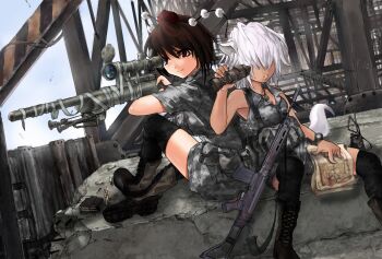 2girls animal_ears assault_rifle bad_id bad_pixiv_id bandages battle_rifle binoculars black_thighhighs bolt_action boots bullet camouflage commentary female_focus fn_fal gun highres inubashiri_momiji koh_(minagi_kou) multiple_girls remington remington_model_700 rifle shameimaru_aya sniper sniper_rifle sniper_team tail thighhighs touhou weapon wolf_ears wolf_tail