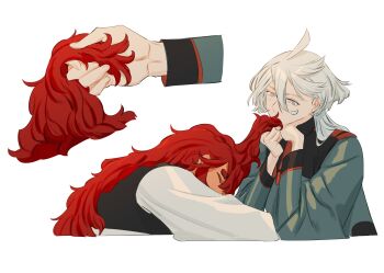 2girls absurdres asticassia_school_uniform blush bright_pupils closed_eyes grabbing_another&#039;s_hair green_jacket grey_eyes gundam gundam_suisei_no_majo hand_in_another&#039;s_hair highres holding_another&#039;s_hair jacket kissing_hair long_hair long_sleeves looking_at_another miorine_rembran multiple_girls red_hair school_uniform simple_background sleeping snapagi suletta_mercury thick_eyebrows white_background white_hair white_jacket white_pupils yuri