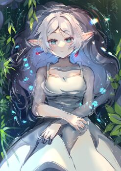 Rule 34 | 1girl, aqua eyes, bare arms, breasts, closed mouth, commentary, cowboy shot, dress, earrings, elf, floating earrings, frieren, highres, jewelry, long hair, looking at viewer, lying on water, parted bangs, pointy ears, sleeveless, sleeveless dress, small breasts, solo, sousou no frieren, untranslatable commentary, tactoki, teardrop earrings, water, white dress, white hair