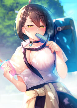 1girl absurdres areola_slip azur_lane baltimore_(after-school_ace)_(azur_lane) baltimore_(azur_lane) black_choker black_necktie black_skirt blurry blurry_background blush braid breasts brown_hair bubble_tea cardigan cardigan_around_waist choker cleavage clothes_around_waist collared_shirt convenient_censoring covered_erect_nipples cup dappled_sunlight day disposable_cup dutch_angle eating food highres holding holding_cup holding_food jewelry large_breasts looking_at_viewer loose_necktie necktie nipples no_bra nose_blush noukatu official_alternate_costume one_breast_out open_clothes open_shirt pendant pleated_skirt popsicle school_uniform see-through_clothes shirt short_hair short_sleeves side_braid skirt solo sunlight sweat wet wet_clothes wet_shirt white_shirt yellow_eyes