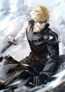 1boy armor black_cape black_gloves black_pants black_sleeves black_vest blonde_hair cape chest_strap closed_mouth cloud_strife fenrir_(final_fantasy) final_fantasy final_fantasy_vii final_fantasy_vii:_advent_children first_ken fusion_swords gloves goggles highres holding holding_sword holding_weapon jianjiananan male_focus motor_vehicle motorcycle on_motorcycle pants parted_bangs pauldrons popped_collar short_hair shoulder_armor single_bare_shoulder single_glove single_pauldron single_sleeve solo spiked_hair sword upper_body vest waist_cape weapon