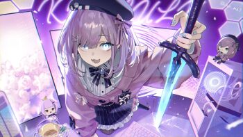 1girl :3 absurdres beret blue_eyes blue_nails bow cardigan character_doll chibi computer computer_keyboard doll frilled_skirt frills from_above glowing glowing_eyes glowing_sword glowing_weapon hair_bow hair_ornament hat highres holding holding_sword holding_weapon ihama lize_helesta lize_helesta_(1st_costume) long_hair long_sleeves looking_at_viewer nijisanji open_mouth pink_cardigan planted planted_sword planted_weapon sebastian_piyodore skirt straight_hair striped_clothes striped_skirt suzuhara_lulu suzuhara_lulu_(1st_costume) swept_bangs sword vertical-striped_clothes vertical-striped_skirt virtual_youtuber weapon x_hair_ornament