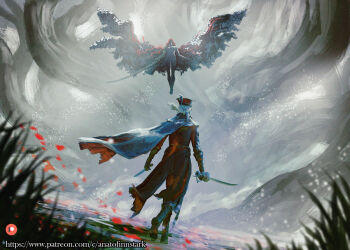 2girls amputee anato_finnstark armor bloodborne cape coat company_connection crossover elden_ring gloves gold_armor golden_sword hat hat_feather holding holding_sword holding_weapon lady_maria_of_the_astral_clocktower long_hair malenia_blade_of_miquella multiple_girls patreon_logo patreon_username ponytail prosthesis prosthetic_arm rakuyo_(bloodborne) red_hair sword tricorne triple_amputee watermark weapon web_address white_hair wings