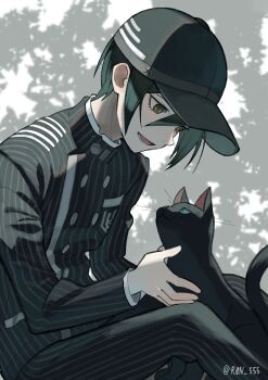 1boy absurdres backlighting baseball_cap black_cat black_hair black_hat black_jacket black_pants brown_eyes cat commentary_request danganronpa_(series) danganronpa_v3:_killing_harmony feet_out_of_frame grey_background hair_between_eyes hands_on_animal hareruya_(smomo2227) hat highres jacket looking_at_another lower_teeth_only male_focus open_mouth pants saihara_shuichi short_hair smile striped_clothes striped_jacket striped_pants teeth twitter_username two-tone_background vertical-striped_clothes vertical-striped_jacket vertical-striped_pants white_background