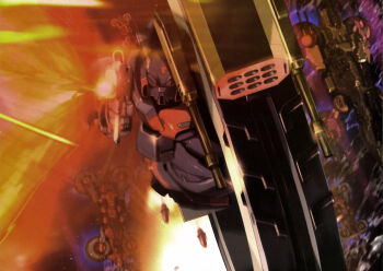 1990s_(style) aiming aiming_at_viewer artist_request asteroid battle beam_cannon beam_rifle einerad energy_beam energy_gun firing fleet gun gundam gundam_perfect_file highres magazine_scan mecha mecha_focus military_vehicle missile_pod mobile_suit no_humans realistic retro_artstyle riding robot rock scan scene_reference science_fiction space spacecraft thrusters traditional_media victory_gundam weapon zanscare zero_gravity zollidia