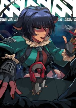 1girl absurdres animal_ears aqua_jacket black_gloves black_necktie blue_eyes blue_hair breasts commentary english_commentary fingerless_gloves fingernails gloves hair_between_eyes half-closed_eyes hand_on_another&#039;s_thigh hand_up highres jacket jane_doe_(zenless_zone_zero) lips looking_at_viewer mariosdalart medium_breasts mouse_ears mouse_girl mouse_tail nail_polish necktie nose open_clothes open_jacket open_mouth pov pov_crotch red_nails short_hair smile solo_focus tail weapon zenless_zone_zero