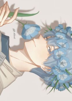 Rule 34 | 1boy, adam's apple, bai mei, blue eyes, blue flower, blue hair, closed mouth, commentary request, drop shadow, eyelashes, flower, flower to mouth, flower wreath, grey background, hand up, highres, himmel (sousou no frieren), holding, holding flower, leaf, light smile, looking to the side, male focus, nemophila (flower), plant, short hair, sideways, sideways glance, simple background, solo, sousou no frieren, twitter username
