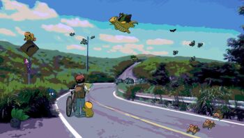 2boys backpack bag bicycle butterfree doduo donguri_big dragonite exeggutor flying gen_1_pokemon hat highres holding holding_map hugging_another&#039;s_leg lance_(pokemon) legendary_pokemon magnemite magneton map multiple_boys nintendo oddish paras pidgey pokemon pokemon_rgby psyduck rattata red_(pokemon) red_headwear rhyhorn riding riding_pokemon road road_sign scenery sign spiked_hair street tangela wings zapdos