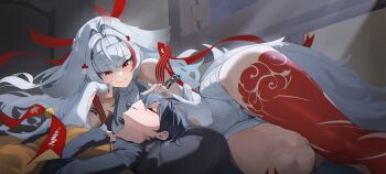 Rule 34 | 2girls, absurdres, arm support, belle (zenless zone zero), black shirt, blue hair, blush, china dress, chinese clothes, closed eyes, commentary, detached sleeves, dress, droopy ears, english commentary, grey hair, grey tail, highres, indoors, leg tattoo, long hair, looking at another, lying, multiple girls, on side, parted lips, red eyes, roro (tpghksdlzpq), shirt, sleeping, smile, tail, tattoo, thick thighs, thighs, white dress, white sleeves, ye shunguang, ye shunguang (enlightened state), yuri, zenless zone zero