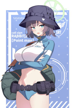 Rule 34 | 1girl, absurdres, aqua eyes, arms under breasts, bag, belt, bikini, bikini bottom only, blue archive, blue bikini, blue jacket, blush, breasts, bucket hat, cowboy shot, crossed arms, duffel bag, green halo, grey bag, halo, hat, highres, jacket, kurosaki saya, large breasts, long sleeves, looking at viewer, multicolored jacket, navel, official alternate costume, open mouth, purple hair, raglan sleeves, rash guard, revision, saki (blue archive), saki (swimsuit) (blue archive), short hair, solo, swimsuit, thighs, two-tone jacket, utility belt, v-shaped eyebrows, white jacket