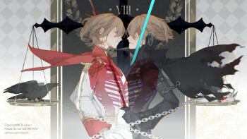 Rule 34 | 2boys, akechi gorou, argyle background, balance scale, bird, black bird, black bodysuit, black cape, black mask (persona 5), blood, bodysuit, brown eyes, brown hair, cape, chain, chromatic aberration, chuukiyo, closed mouth, commentary request, cowboy shot, crow, crow (persona 5), dual persona, epaulettes, facing another, frown, gloves, hair between eyes, head tilt, high collar, highres, holding, holding sword, holding weapon, jacket, long sleeves, looking at another, male focus, multiple boys, no mask, parted lips, persona, persona 5, red cape, ribs, roman numeral, short hair, smile, striped bodysuit, sword, torn cape, torn clothes, weapon, weighing scale, white bird, white gloves, white jacket