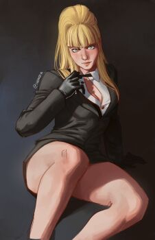 Rule 34 | 1girl, absurdres, arm support, bare legs, black gloves, breasts, cleavage, clothes grab, commentary, english commentary, formal clothes, gloves, highres, kolin, luisarts15, necktie, necktie grab, neckwear grab, official alternate costume, official alternate hairstyle, on floor, open collar, partially unbuttoned, pencil skirt, skirt, skirt suit, solo, street fighter, street fighter v, suit, thighs