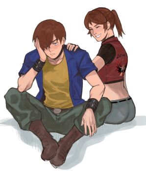 1boy 1girl belt blue_eyes blush boots bracelet choker claire_redfield collared_shirt commentary couple crop_top denim embarrassed english_commentary fingerless_gloves gloves hair_over_one_eye hand_on_another's_shoulder highres jewelry messy_hair ponytail red_hair resident_evil resident_evil:_the_darkside_chronicles resident_evil_-_code:_veronica shirt short_ponytail shy sitting smile steve_burnside tirtyturtle