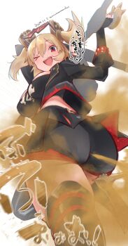 Rule 34 | > o, 1girl, ass, black jacket, black shorts, black skirt, black thighhighs, blonde hair, breasts, burnice white, crop top, dated, eyewear on head, fart, flamethrower, from below, good ass day, high heels, highres, holding, holding flamethrower, holding weapon, jacket, large breasts, long hair, looking at viewer, nekosu (nfxgs227), one eye closed, open mouth, red eyes, short shorts, shorts, skirt, smell, smile, solo, speech bubble, standing, standing on one leg, sunglasses, teeth, thighhighs, thighs, translation request, twintails, twitter username, upper teeth only, weapon, zenless zone zero