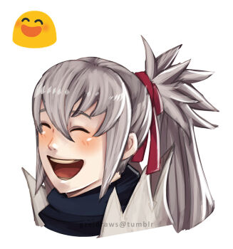 1boy closed_eyes emoji fire_emblem fire_emblem_fates gzei hair_between_eyes hair_ribbon male_focus nintendo open_mouth red_ribbon ribbon smile takumi_(fire_emblem) teeth