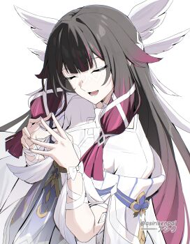 1girl :d absurdres adapted_costume artist_name asiri_senpai black_hair closed_eyes columbina_(genshin_impact) commentary dress genshin_impact head_wings highres multicolored_hair open_mouth own_hands_together purple_hair ribbon simple_background smile solo steepled_fingers streaked_hair upper_body white_background white_dress white_ribbon wings wrist_ribbon