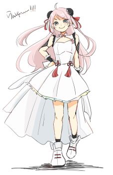 Rule 34 | 1girl, above-cleavage cutout, ahoge, bare shoulders, black socks, boots, bun cover, china dress, chinese clothes, clothing cutout, collarbone, commentary, double bun, dress, frilled dress, frills, full body, hair bun, highres, looking at viewer, love live!, love live! nijigasaki high school idol club, love live! nijigasaki high school idol club the movie - finale, official alternate costume, phoenix (love live!), shibutani0210, short dress, sleeveless, sleeveless dress, socks, solo, standing, white boots, white dress, zhong lanzhu