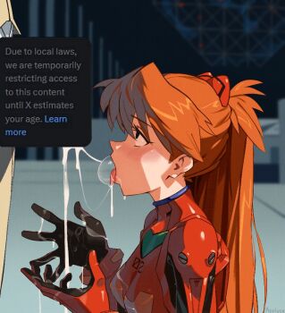 Rule 34 | 1boy, 1girl, after fellatio, aseiusx, blue eyes, bodysuit, breasts, censored, cum, cum bubble, cum in mouth, cum on body, cum on hands, cum on tongue, cum string, due to local laws, from side, hetero, implied fellatio, interface censor, long hair, mecha pilot suit, medium breasts, neon genesis evangelion, novelty censor, open mouth, orange hair, plugsuit (evangelion), red bodysuit, souryuu asuka langley, tongue, tongue out, twintails, two side up