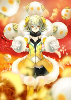 1boy ahoge apollo_(fate) asai_genji black_collar black_shorts boots closed_mouth cloud collar crossdressing crossdressing_(mtf) detached_sleeves dress fake_horns fate/grand_order fate_(series) feet_out_of_frame fur-trimmed_boots fur-trimmed_dress fur-trimmed_sleeves fur_collar fur_trim game_cg gloves green_hair hair_between_eyes halter_dress halterneck hands_up high-low_dress horns long_sleeves looking_at_viewer male_focus medium_hair official_art orange_boots paris_(fate) paris_(third_ascension)_(fate) puffy_shorts red_background red_eyes red_sky sheep sheep_horns short_dress shorts sky sleeveless sleeveless_dress solo spaghetti_strap standing straight-on stuffed_animal stuffed_toy thigh_boots third-party_source too_many trap variant_set white_gloves yellow_dress yellow_sleeves