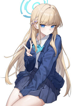 1girl absurdres blonde_hair blue_archive blue_bow blue_bowtie blue_cardigan blue_eyes blue_halo bow bowtie braid cardigan commentary_request dai_mao_xuan_yi expressionless half_up_braid halo highres long_hair looking_at_viewer official_alternate_costume open_cardigan open_clothes purple_halo school_uniform shirt sitting sleeves_past_wrists solo toki_(blue_archive) toki_(school_uniform)_(blue_archive) v white_background white_shirt