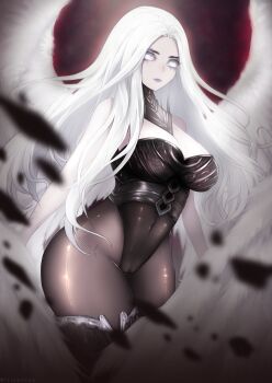 absurdres angel angel_wings armor avacyn bunnixia cameltoe corset highres long_hair magic:_the_gathering pantyhose white_eyes white_hair wings