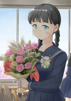 1girl blue_eyes bouquet braid classroom crying crying_with_eyes_open desk flower highres holding holding_bouquet indoors long_sleeves neckerchief original red_neckerchief school_desk school_uniform serafuku solo_focus tears twin_braids twintails window yushinx2